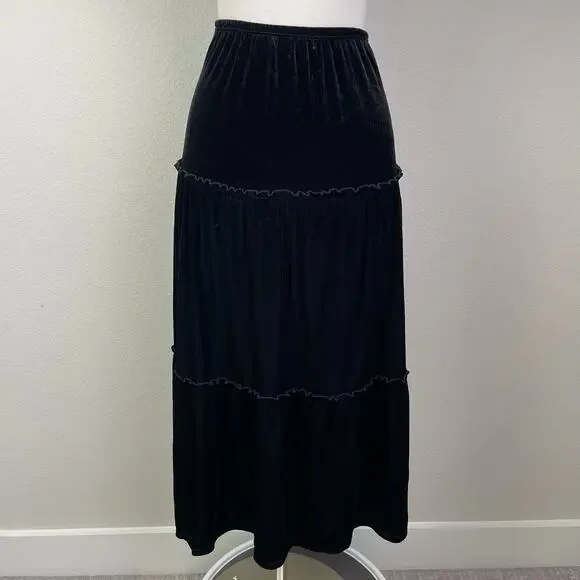 Vintage Black Velvet Notations Tiered Midi Skirt 1X